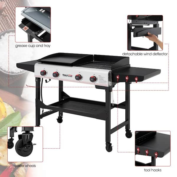 4-Burner 48.000 BTU Portable Flat Top Gas Grill and Griddle Combo Grill in Black with Folding Legs for Outdoor Cooking