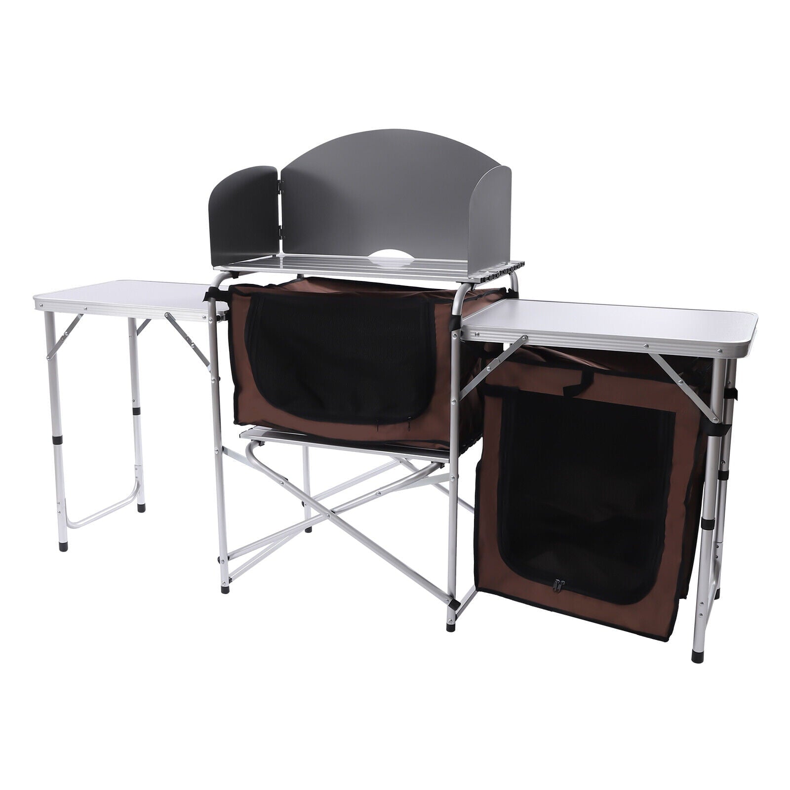 Camping Table with Storage Organizer and Windscreen Portable Outdoor Cooking Table Foldable Camp Table Camping Kitchen Station with 2 Side Tables for BBQ Grill Picnics