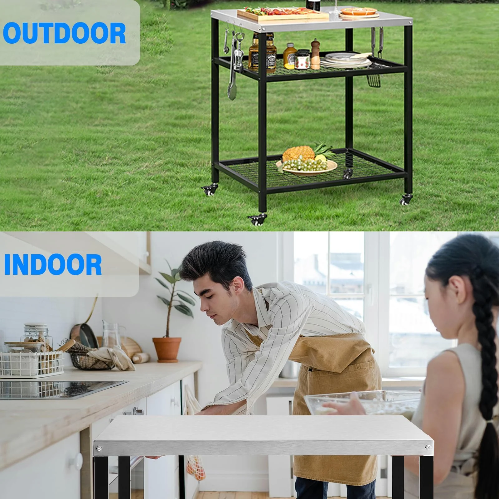 WEASHUME Stainless Steel Grill Cart Pizza Oven Stand Trolley Table