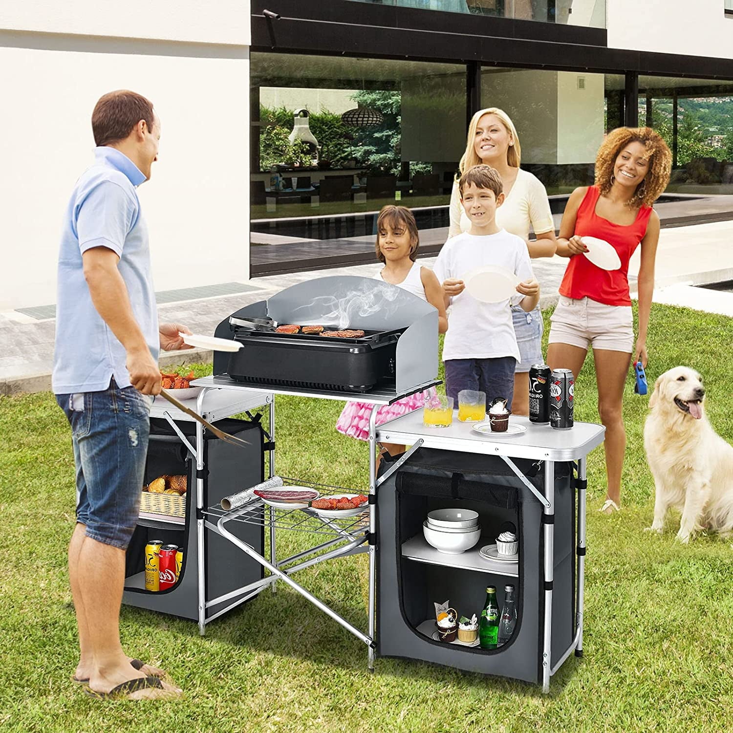Camping Kitchen Table with Storage. Aluminum Portable Outdoor Cooking Table with Windscreen. Foldable Camp Table Cook Station for BBQ. Grill. Party. Picnics