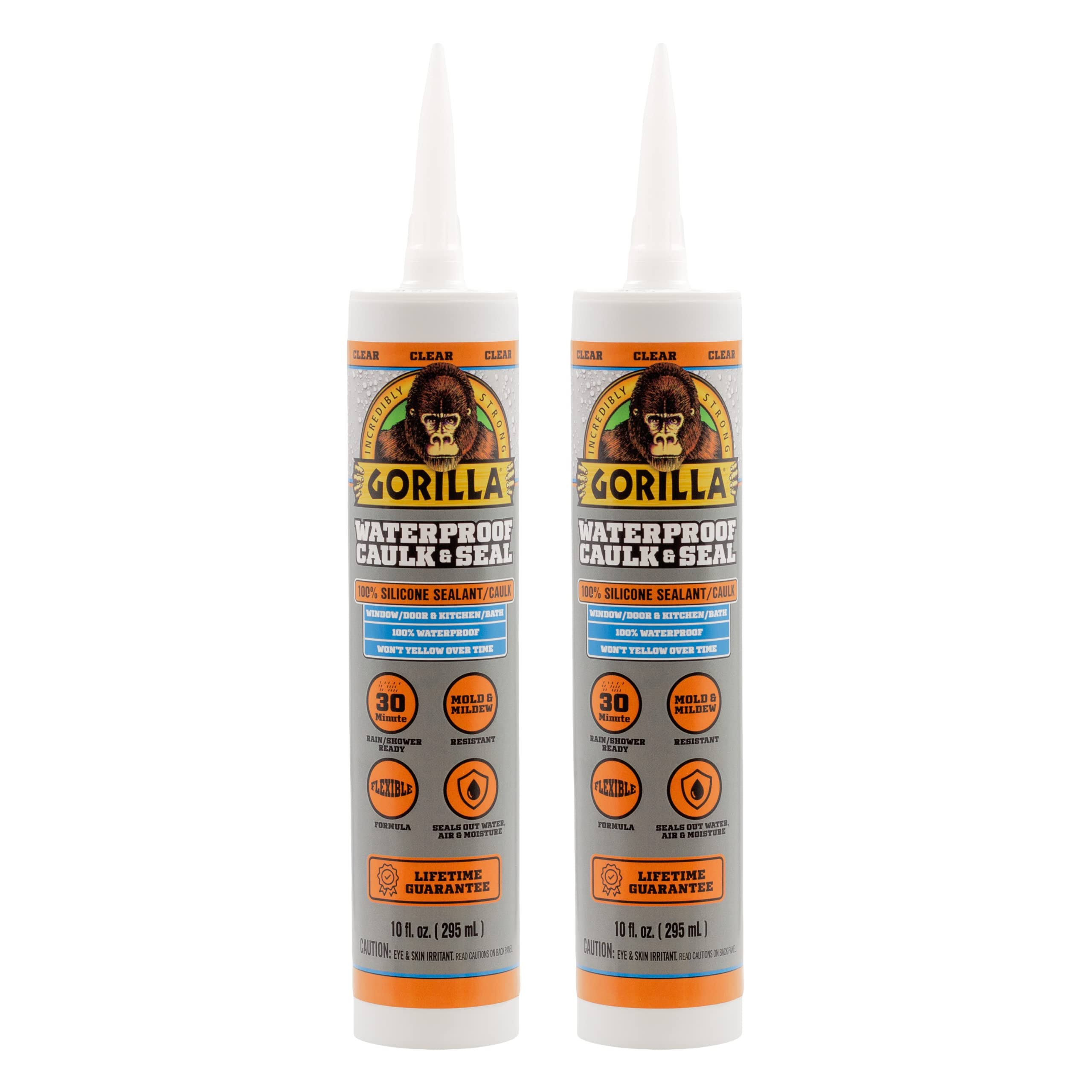 Gorilla Waterproof Caulk & Seal 100% Silicone Sealant, 10oz Cartridge, Clear (Pack of 2)