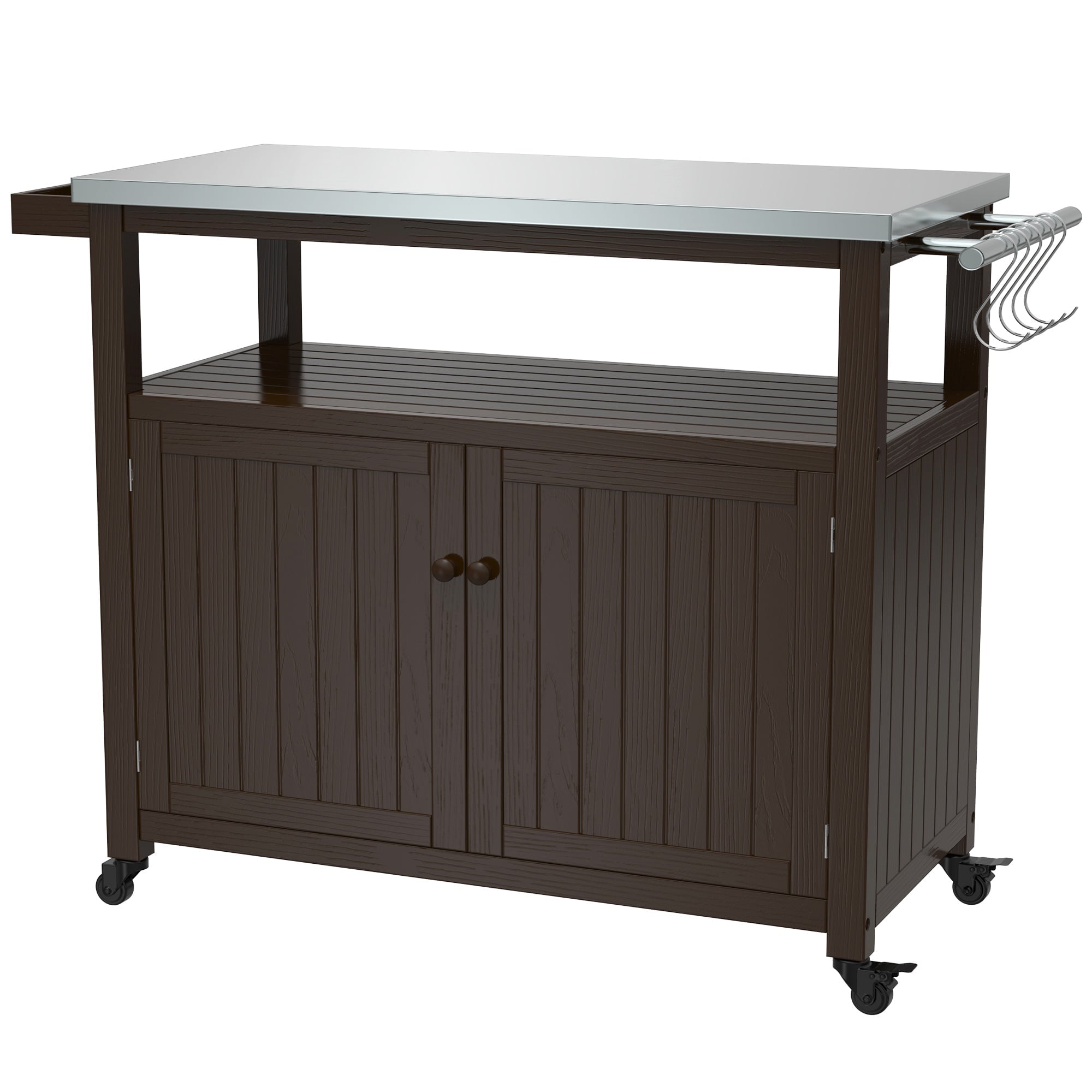Prep Table Grill Station. Solid Wood Movable Dining Cart Table. Dark Brown