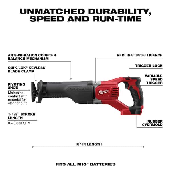 M18 18V Lithium-Ion Cordless SAWZALL Reciprocating Saw with Two 3.0Ah Batteries
