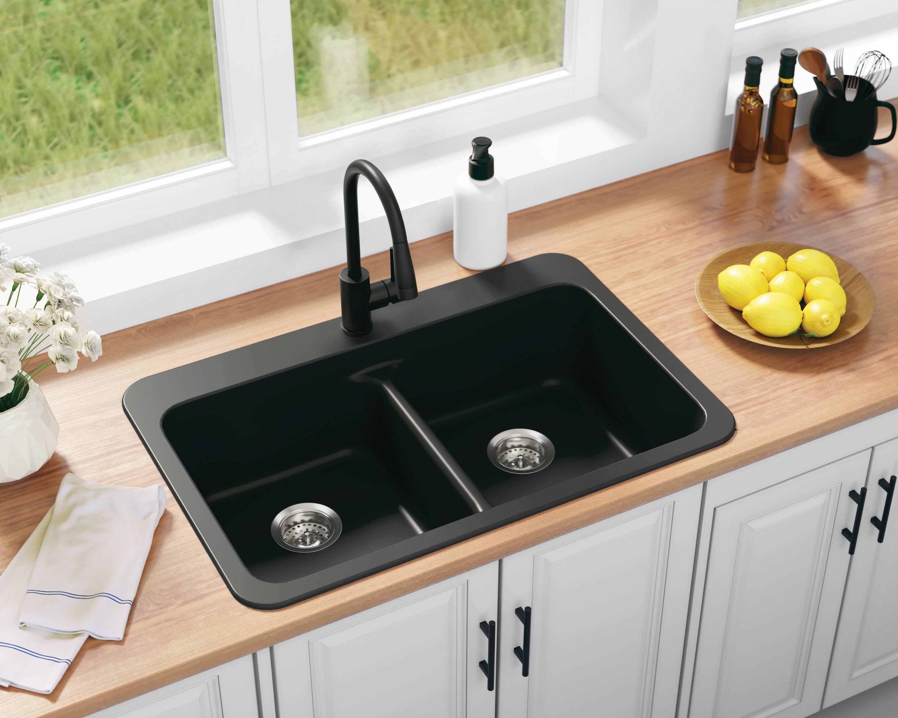 Allen + Roth Kenji Dual-Mount 33-in x 22-in Nero Granite Double Equal Bowl 3-Hole Kitchen Sink in Black | CLTN200DM13