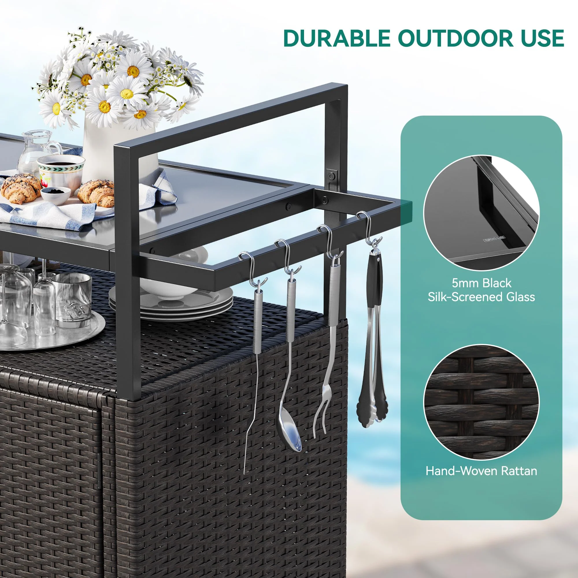 YITAHOME Large Portable Outdoor Wicker Bar Table