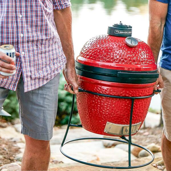 Joe Jr. 13.5 in. Portable Charcoal Grill in Red with Cast Iron Cart. Heat Deflectors and Ash Tool