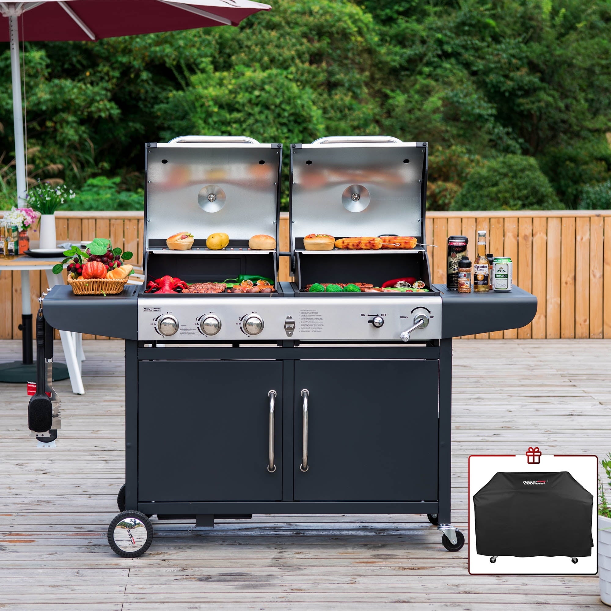 Gourmet ZH3002C 3-Burner 25.500-BTU Dual Fuel Cabinet Gas and Charcoal Grill Combo with Cover