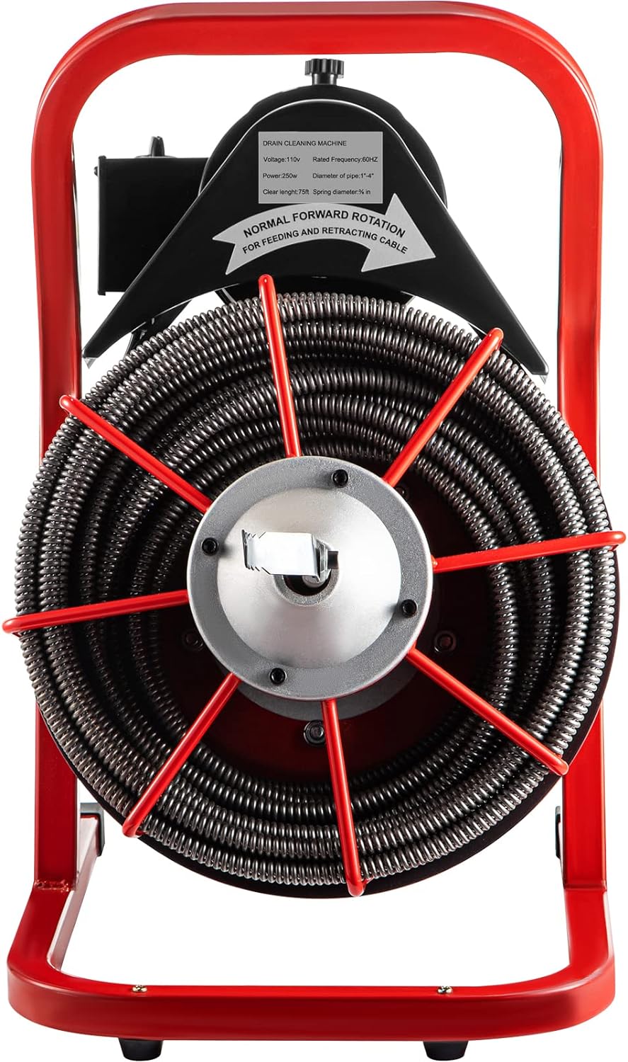 Drain Cleaner Machine. 75 Ft x 3/8 Inch Drain Cleaning Machine Fits 1 to 4 Inch Pipes. Portable Drain Auger Cleaner with 4 Cutters. Electric Drain Clog Remover Plumbing Tool