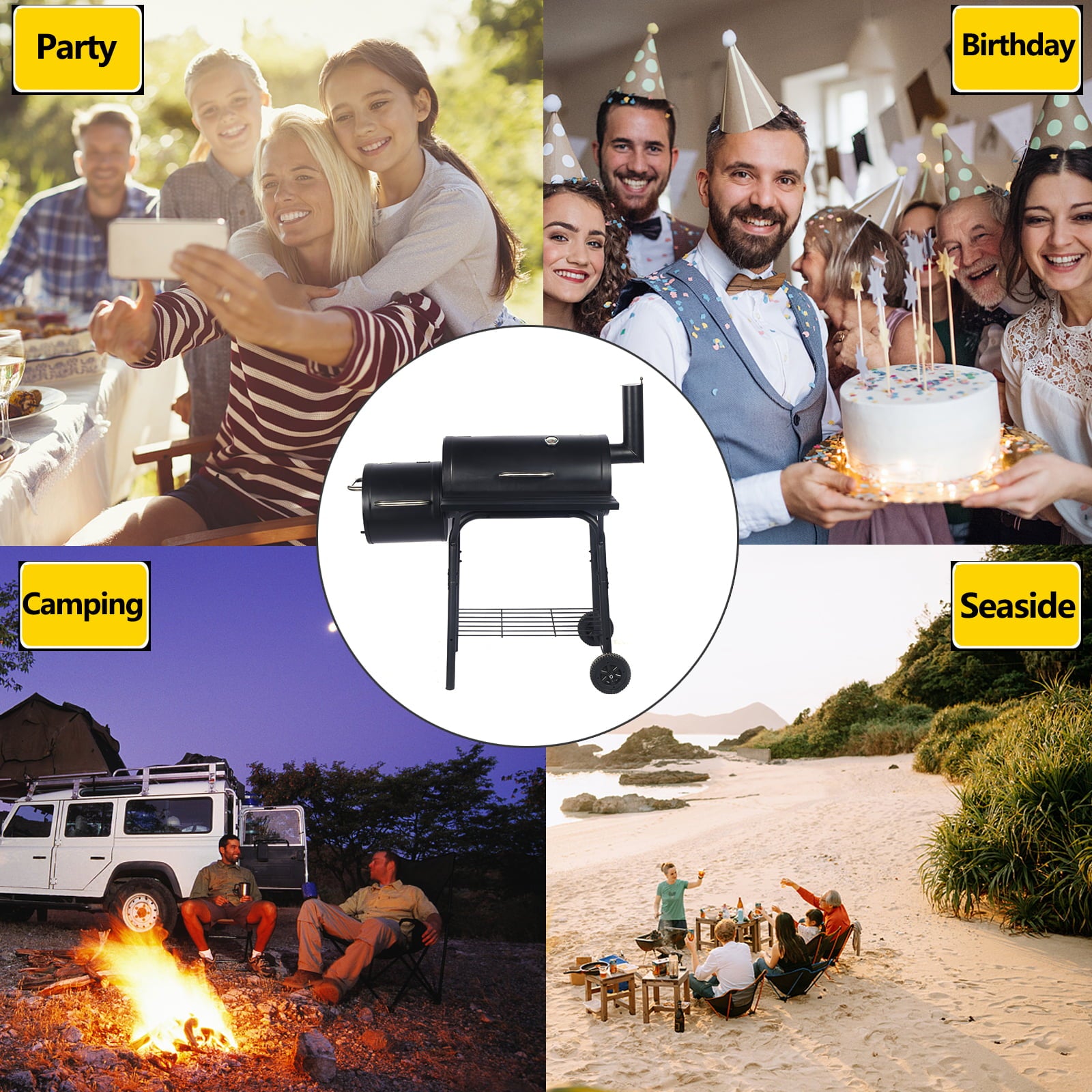 Outdoor Portable BBQ Charcoal Grill with Offset Smoker. Black