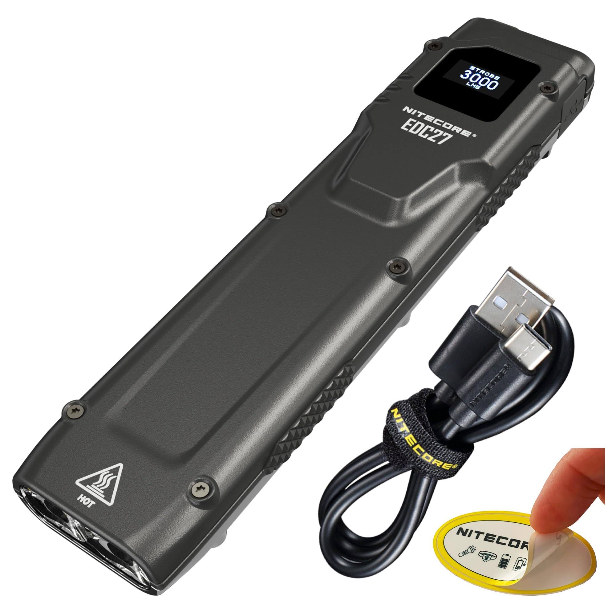 Nitecore EDC27 Flat EDC Flashlight, 3000 Lumen, USB-C Rechargeable, High Lumen Slim with Digital Display Sticker