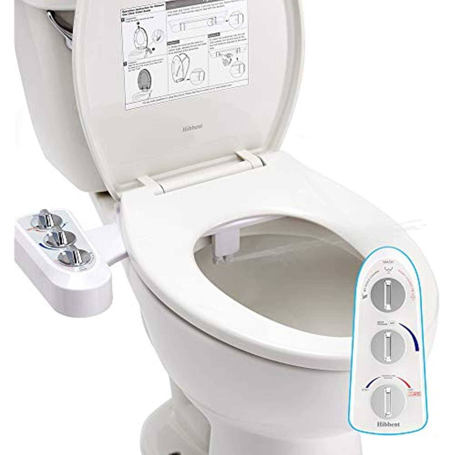 Hibbent Toilet Seat Bidet with Self Cleaning Dual Nozzle, Hot and Cold Water Spray Non-Electric Mechanical Bidet Toilet Attachment for Rear or