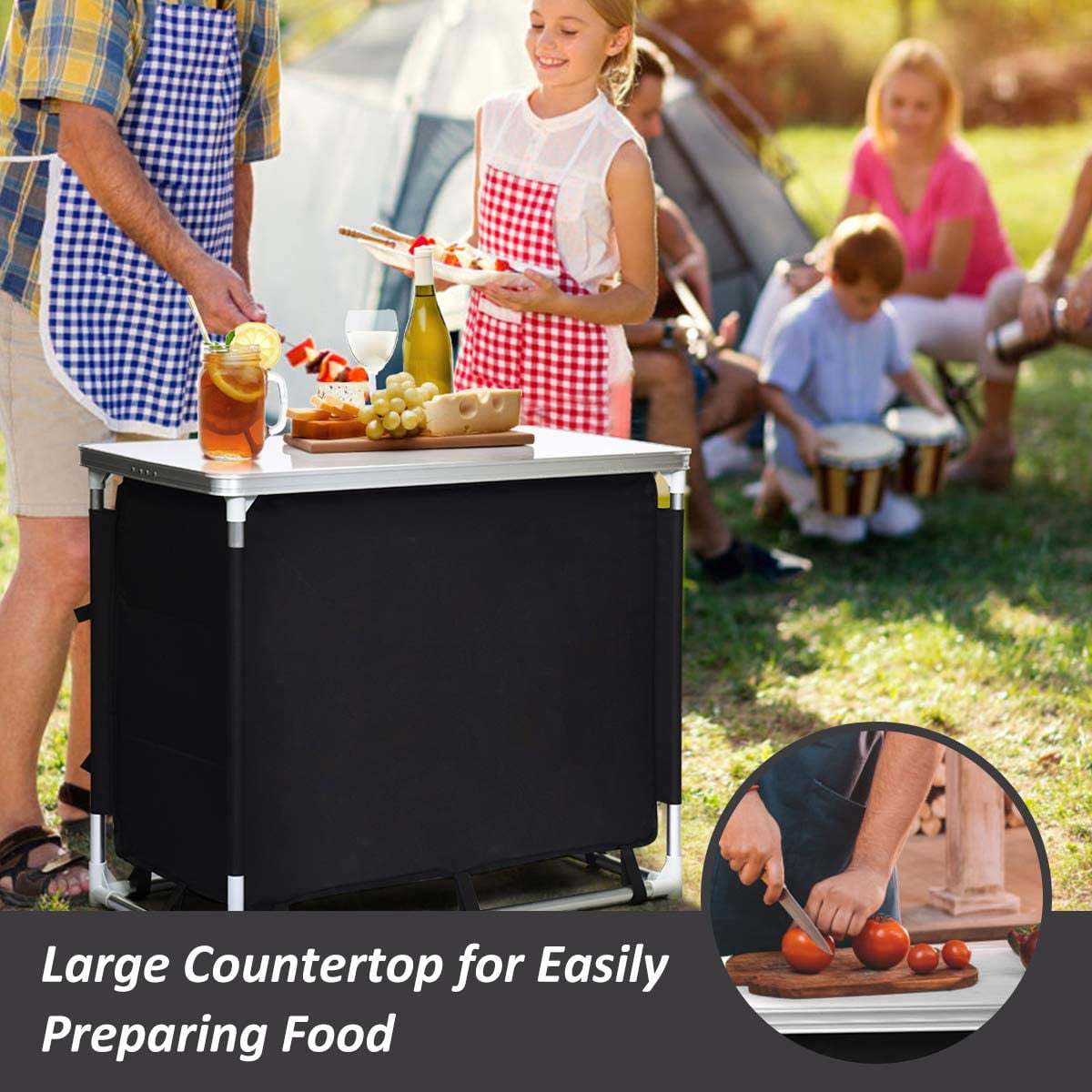 Cook Table Kitchen Station with Storage Organizer and Carrying Bag. for BBQ Party. Picnics. Backyards. Tailgating. Portable. Black
