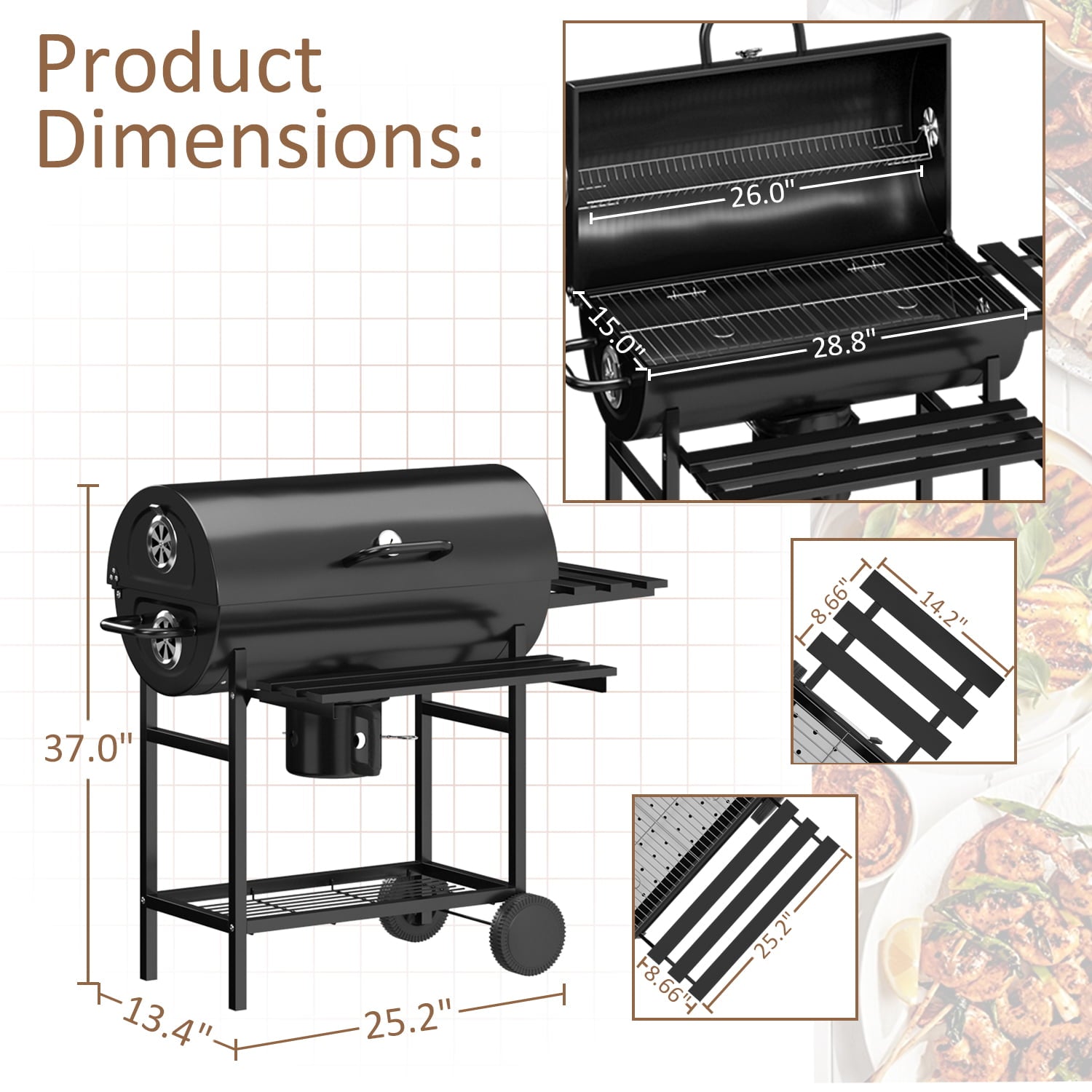 29�� Barrel Outdoor Charcoal Grill with Side Shelf and Wheels. Black