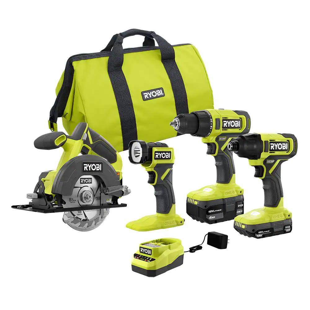Ryobi PCL1400K2 One+ 18V Cordless 4-Tool Combo Kit with 1.5 Ah Battery, 4.0 Ah Battery, and Charger