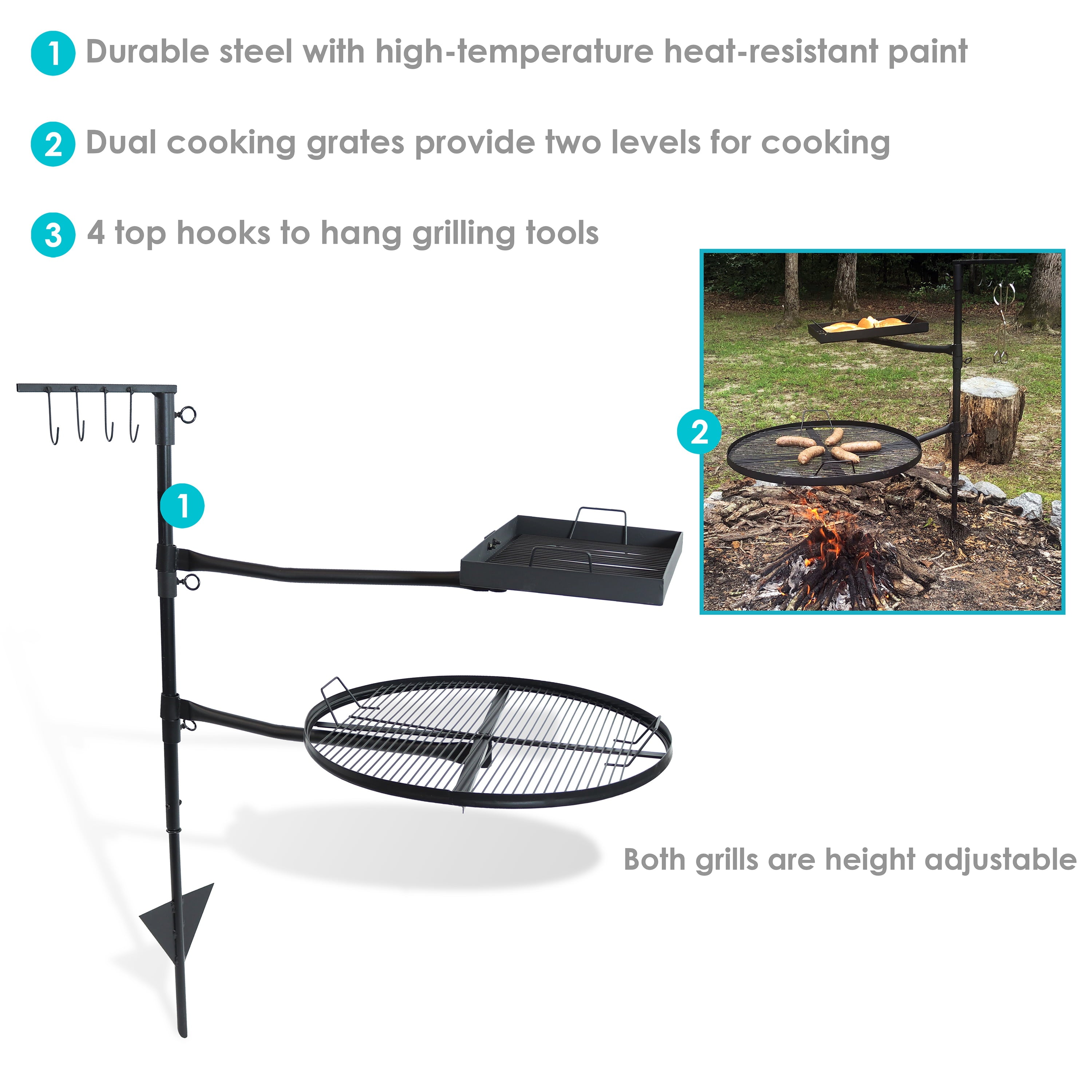 Outdoor Camping or Backyard Steel Adjustable Cooking Grilling Fire Pit BBQ Stake with 2 Swivel Swing Grates