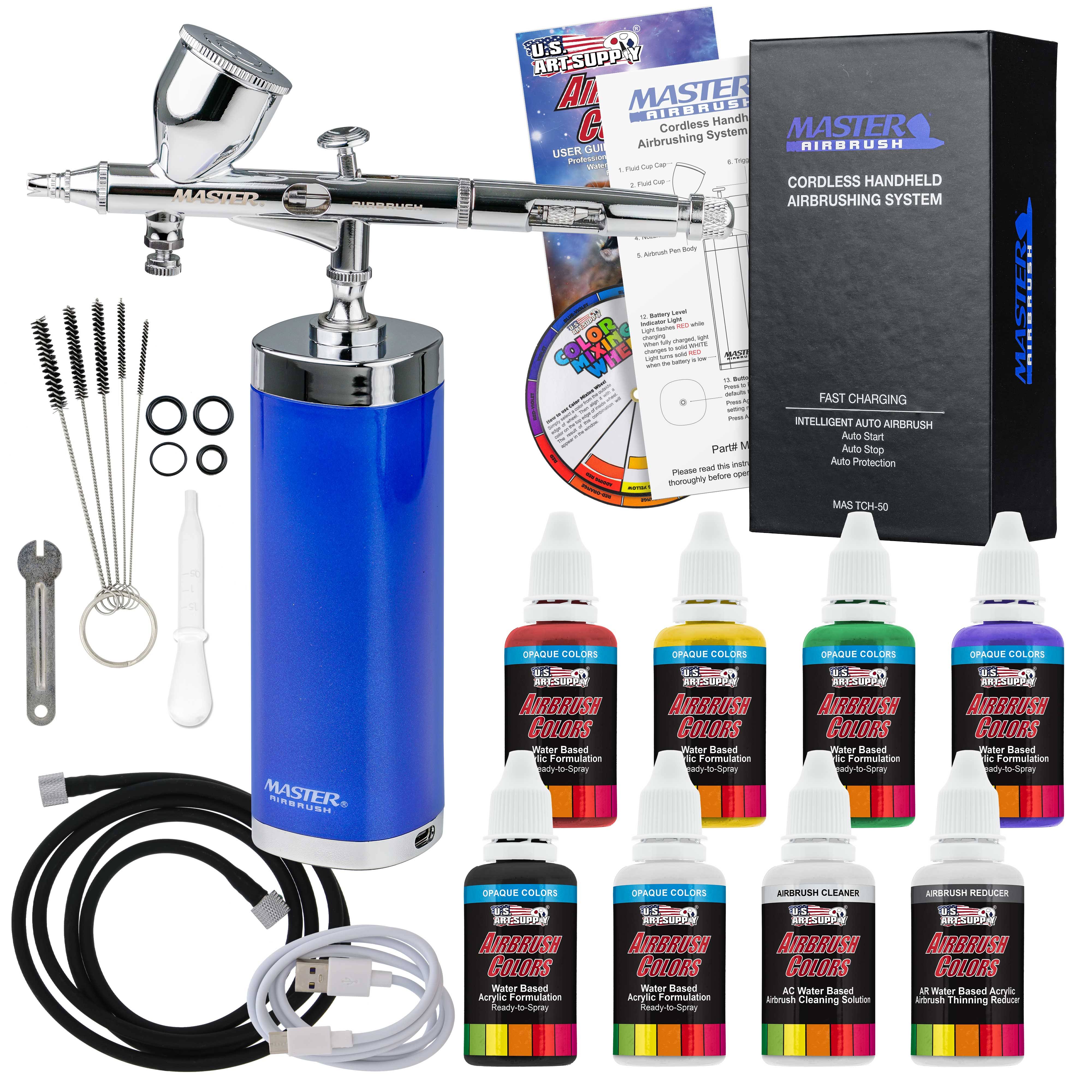 Master Airbrush Powerful Cordless Handheld Acrylic Paint Airbrushing System with 6 Primary Opaque Paint Colors, Reducer & Cleaner Kit - 20 to 36 PSI