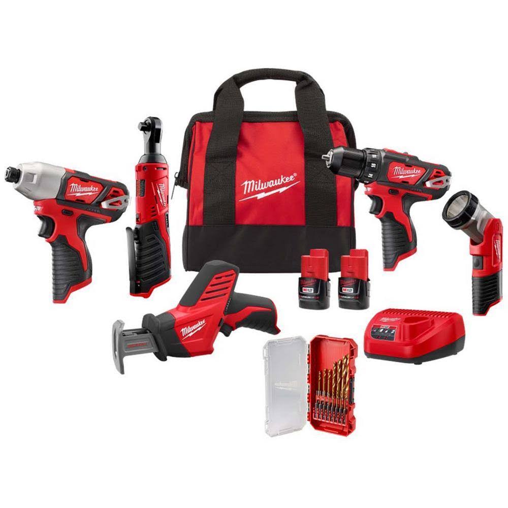 Milwaukee M12 12V Lithium-Ion Cordless 5-Tool Combo Kit w/SHOCKWAVE Impact Duty Titanium Drill Bit Set (15-Piece)