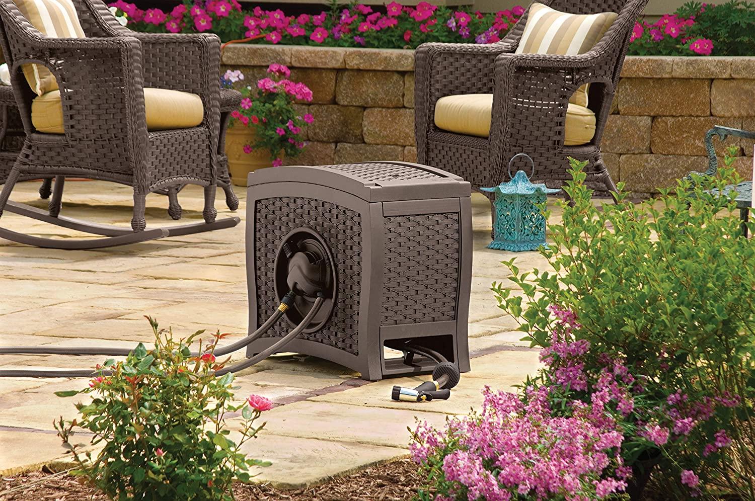 Suncast Aquawinder 125' Wicker Garden Hose Reel � Lightweight Portable Hands � Free Water Powered Retractable Hose Reel � Java