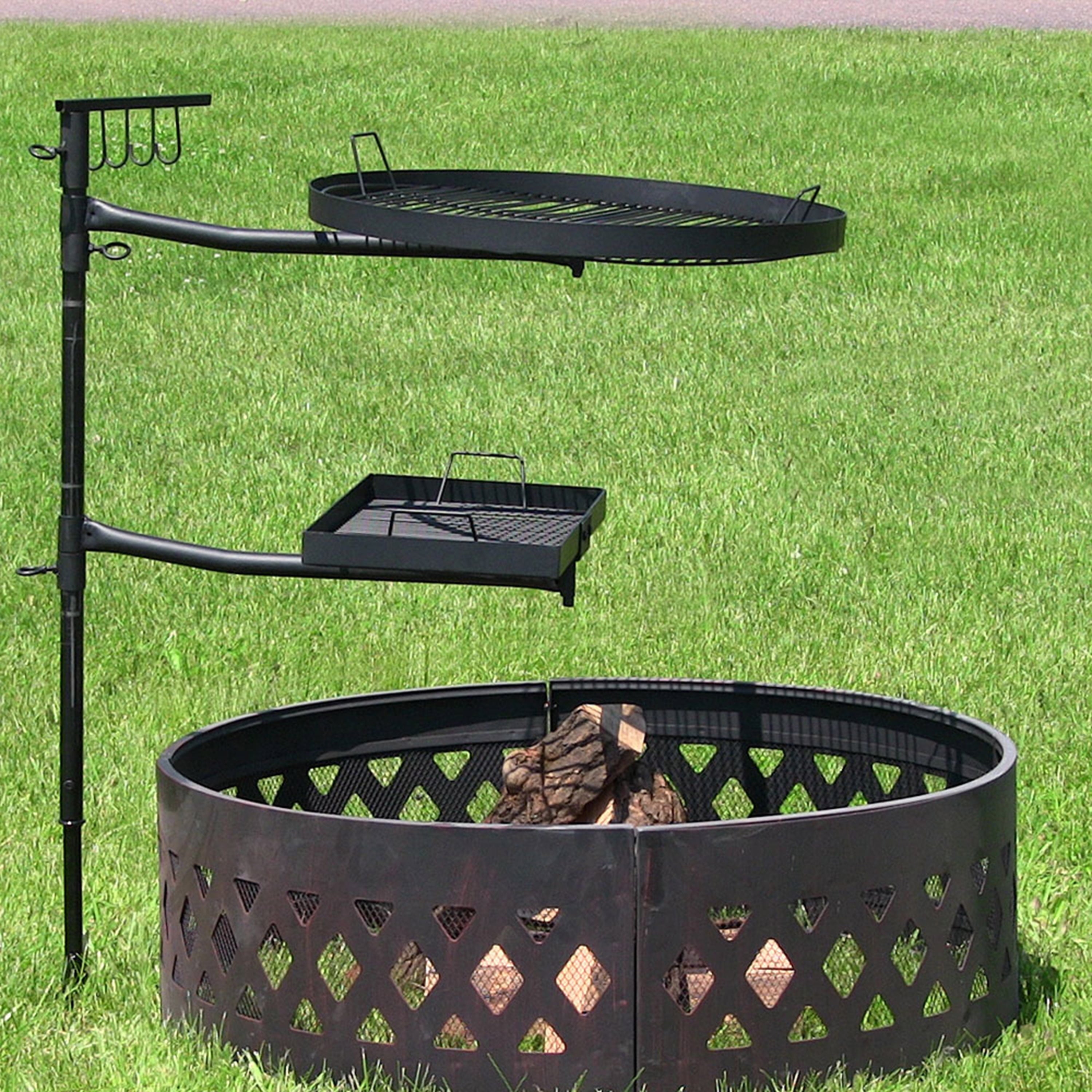 Outdoor Camping or Backyard Steel Adjustable Cooking Grilling Fire Pit BBQ Stake with 2 Swivel Swing Grates