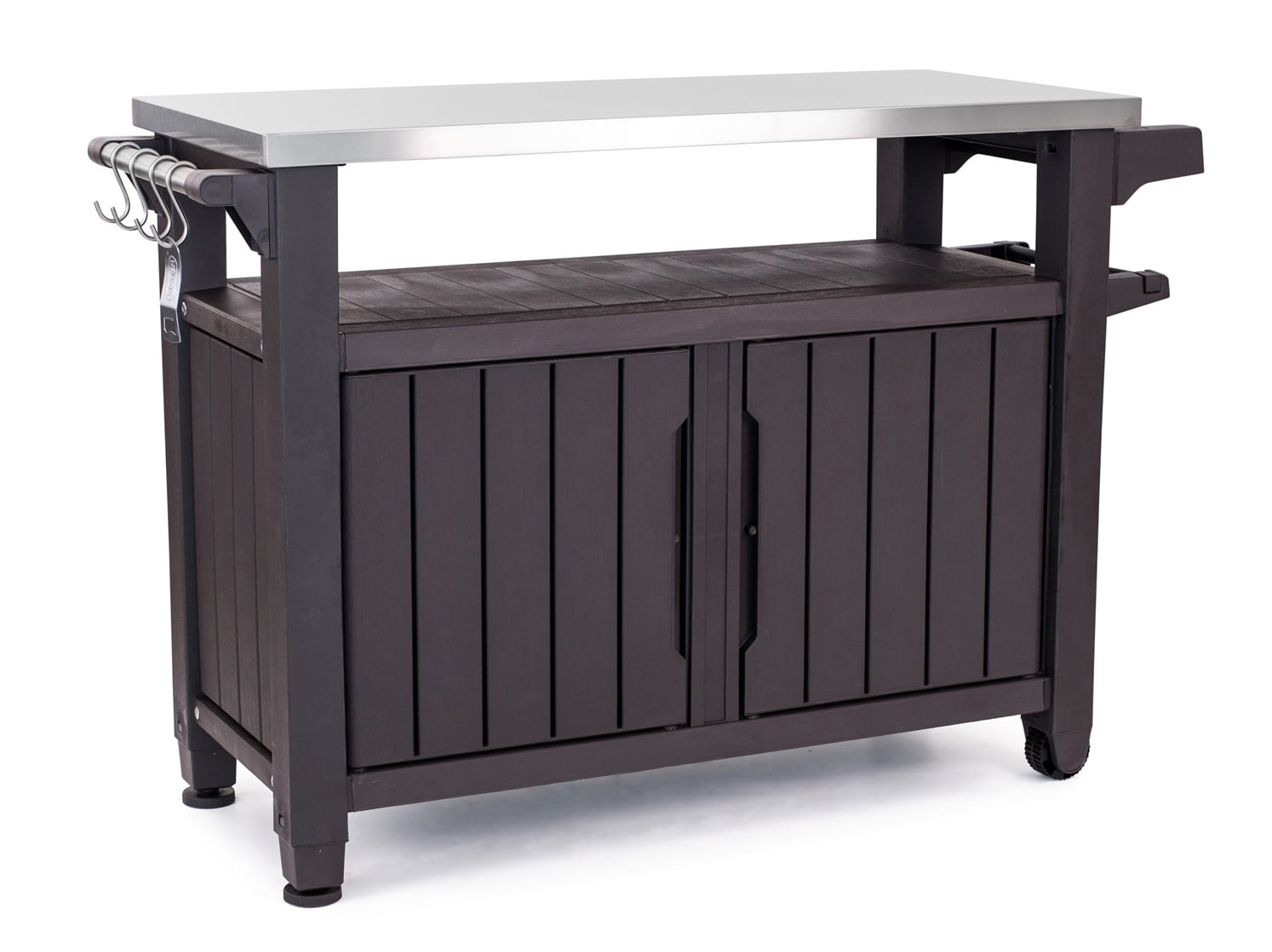 Unity XL Portable Outdoor Table and Storage Cabinet with Accessory Hooks. Espresso Brown