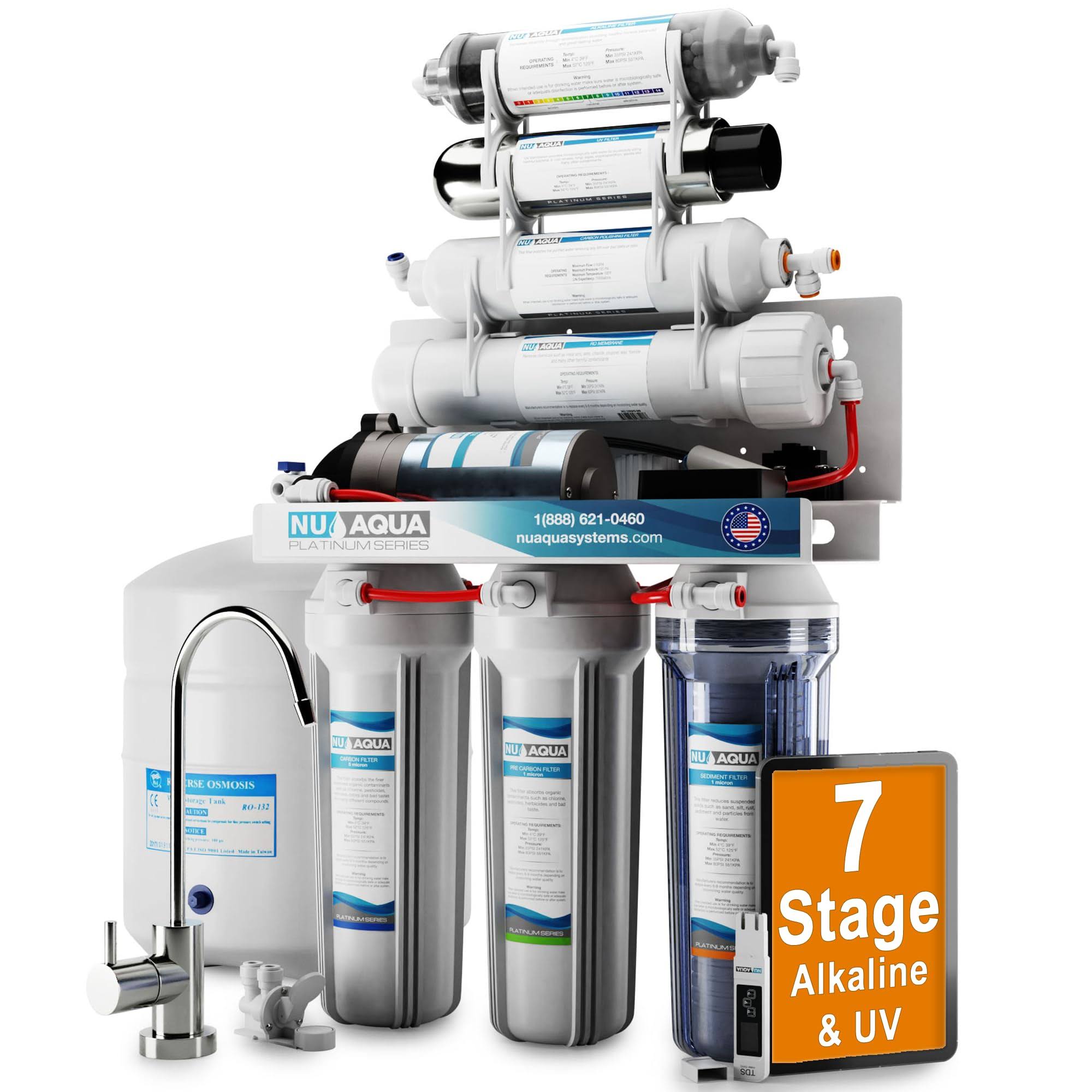 Nu Aqua Platinum Series 100gpd Under Sink Reverse Osmosis Drinking Water Filtration System - Premium Filter (7 Stage UV and Alkaline with Pump)