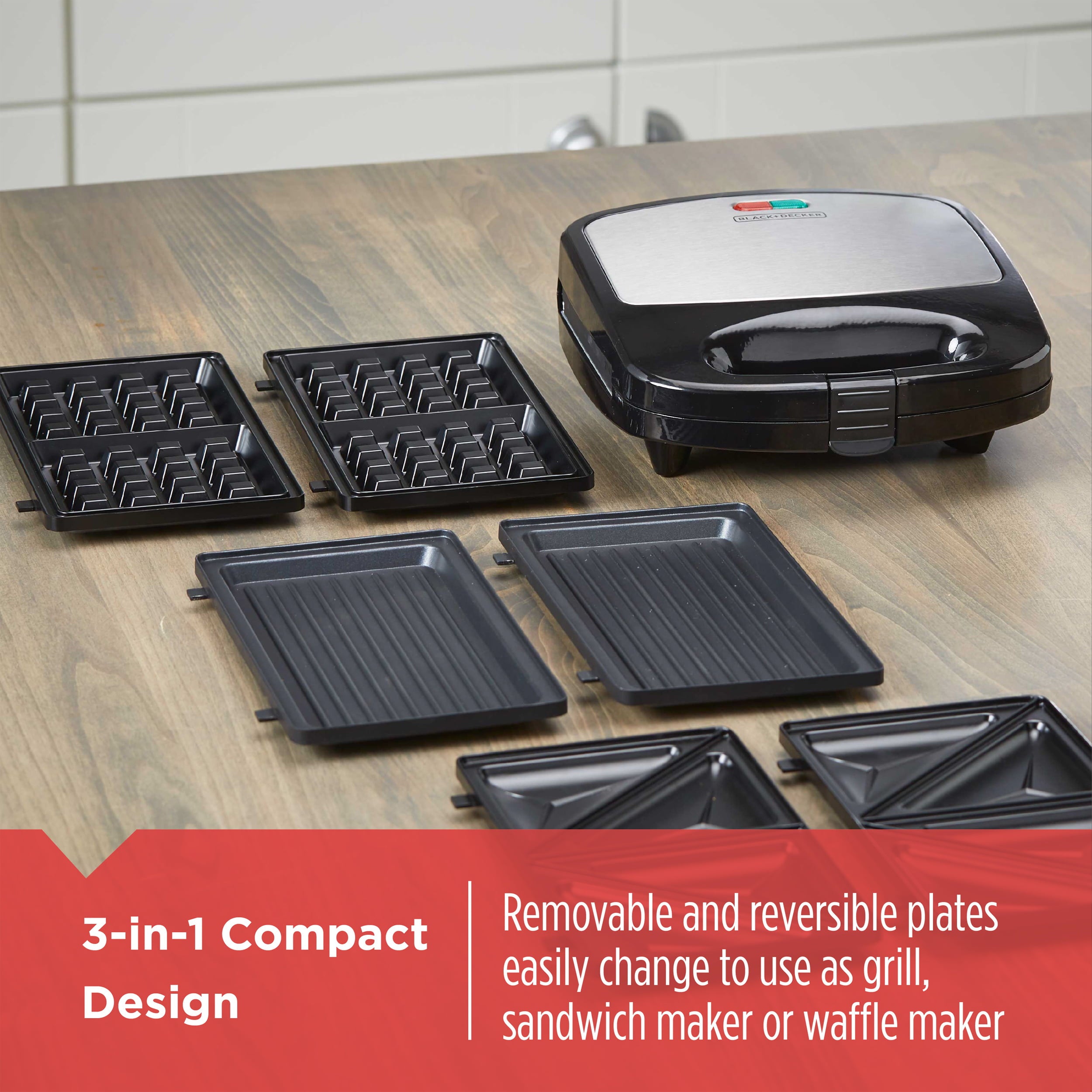 and Decker 3-in-1 Morning Meal Station Electric Waffle Maker Compact Grill in Black