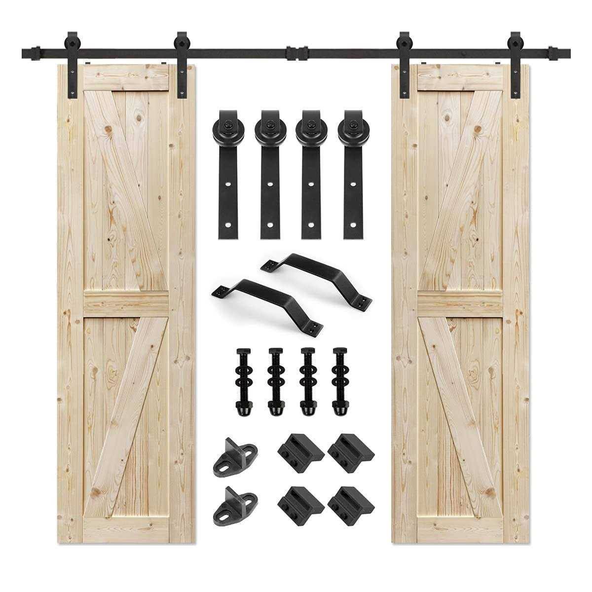 S&Z TOPHAND 24 in. x 84 in. Double Unfinished British Brace Knotty Barn Door with 8ft Sliding Door Hardware Kit/Solid Wood/Sliding Door/Double