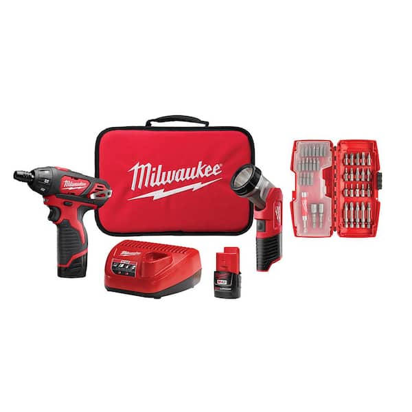 M12 12V Lithium-Ion Cordless 1/4 in. Hex Screwdriver/LED Worklight Kit with (2) 1.5Ah Batteries.Bit Set & Bag
