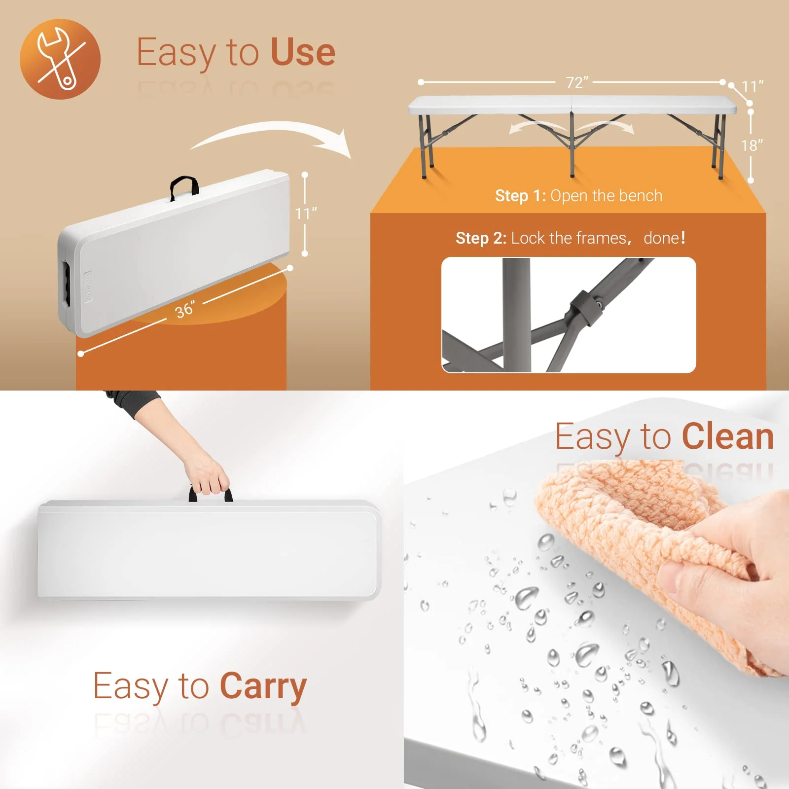 VINGLI 6 feet Plastic Folding Bench. Outdoor Picnic Party Camping Dining Seat