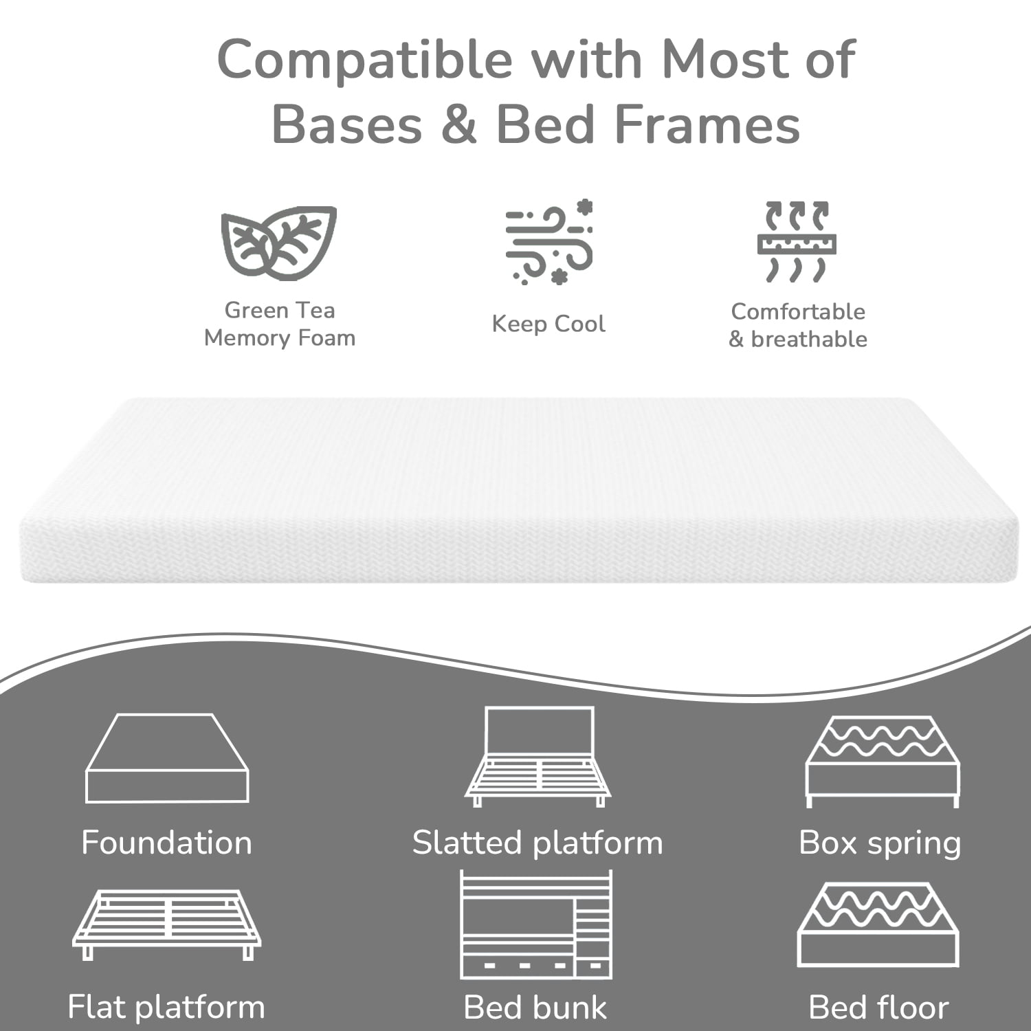 Inch Green Tea Memory Foam Mattress Cooling Gel Infused Mattress.Medium Firm Mattresses CertiPUR-US Certified/Bed-in-a-Box/Pressure Relieving Twin Size.White