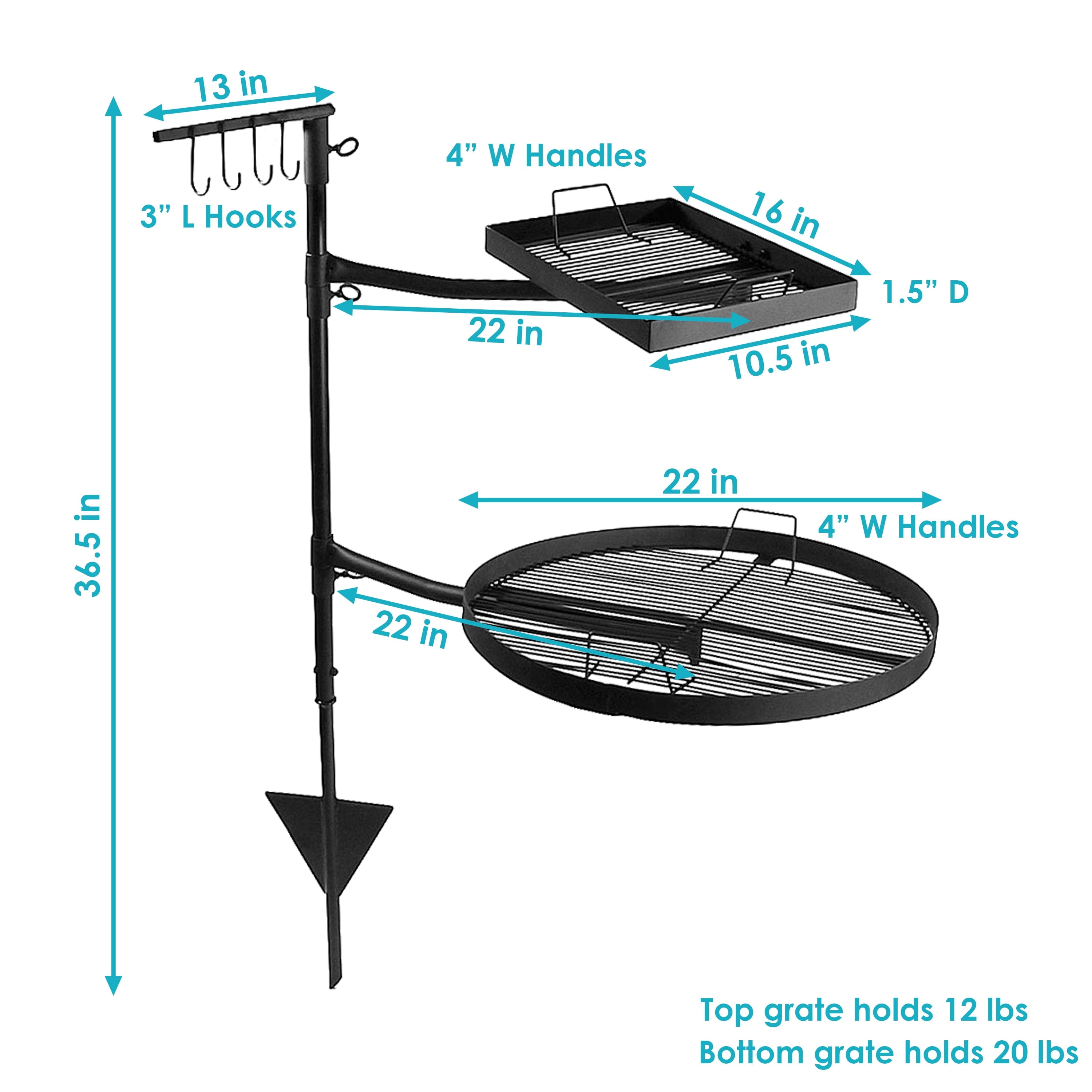 Outdoor Camping or Backyard Steel Adjustable Cooking Grilling Fire Pit BBQ Stake with 2 Swivel Swing Grates