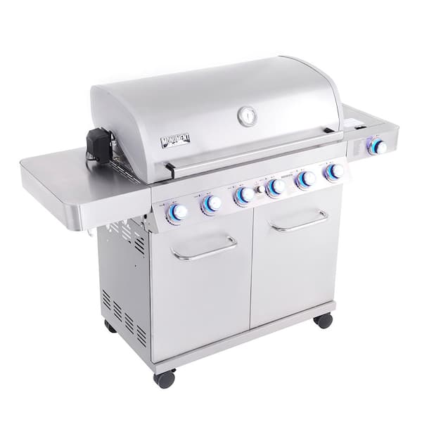 6-Burner Propane Gas Grill in Stainless with LED Controls. Side Burner and Rotisserie Kit