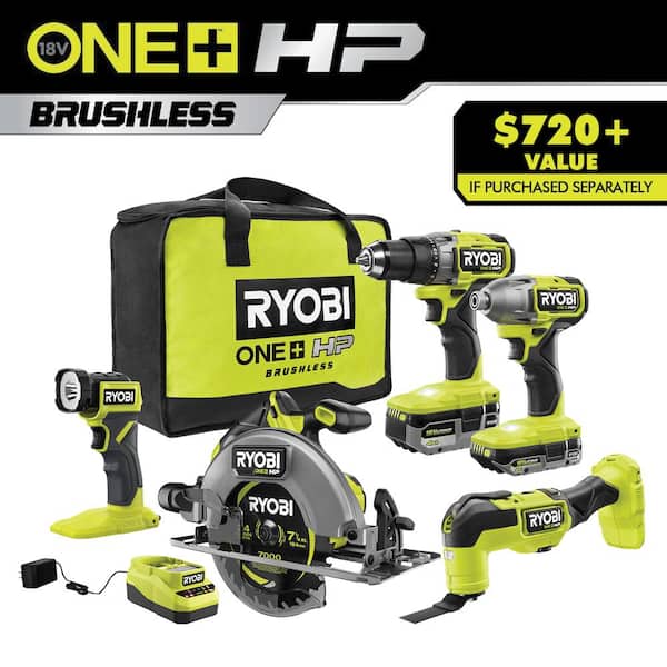 ONE+ HP 18V Brushless Cordless 5-Tool Combo Kit with 4.0 Ah and 2.0 Ah HIGH PERFORMANCE Batteries. Charger. and Bag