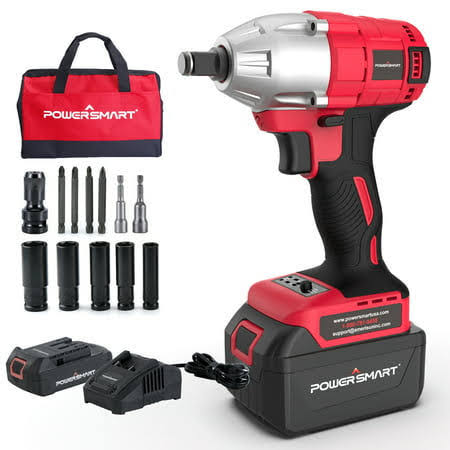 Powersmart Brushless Cordless Impact Wrench 1/2 in. with Friction Ring, 2.0Ah 20V Battery and Fast Charger, Power Bits/Nut Drivers/Sockets Set