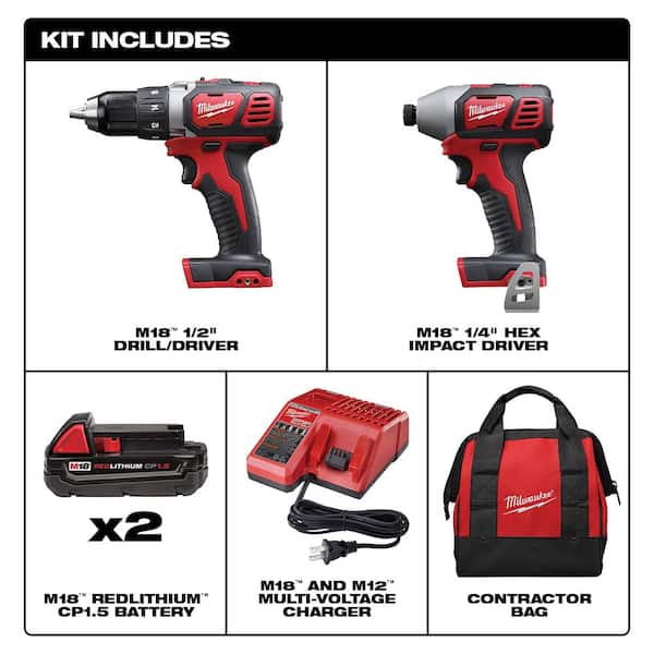 M18 18V Lithium-Ion Cordless Drill Driver/Impact Driver Combo Kit (2-Tool) W/ Two 1.5Ah Batteries. Charger Tool Bag