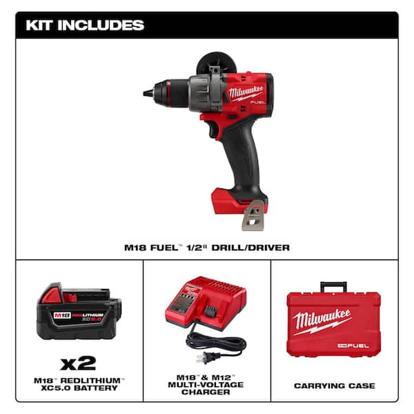 M18 FUEL 18-V Lithium-Ion Brushless Cordless 1/2 in. Drill/Driver Kit with (3) 5.0Ah Batteries. Charger and Hard Case