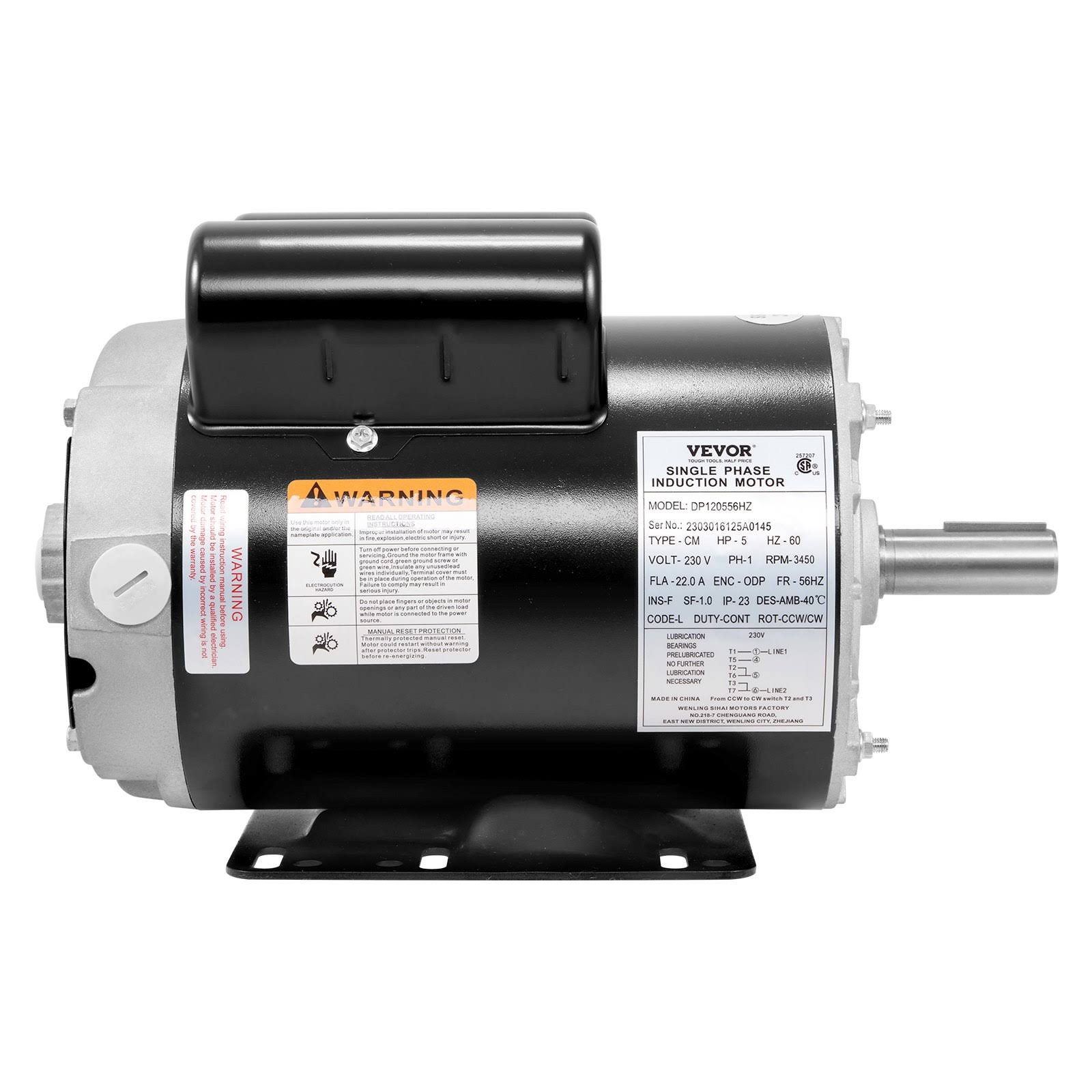 VEVOR DXKYJDJTODP5HWZ57V7 5HP Air Compressor Motor 3450 RPM Single Phase Electric Motor 7/8 in. Keyed Shaft 230V Fla 22A 56 Frame CW/CCW Rotation