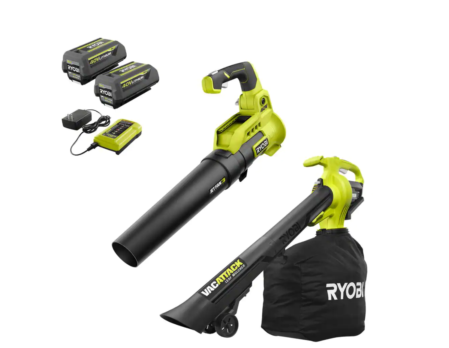 RYOBI RY40451BL 40V Cordless 110 MPH 525 CFM Cordless Leaf Blower and Cordless Leaf VacuumMulcher w 2 Batteries and 2 Chargers - MadeInUSA