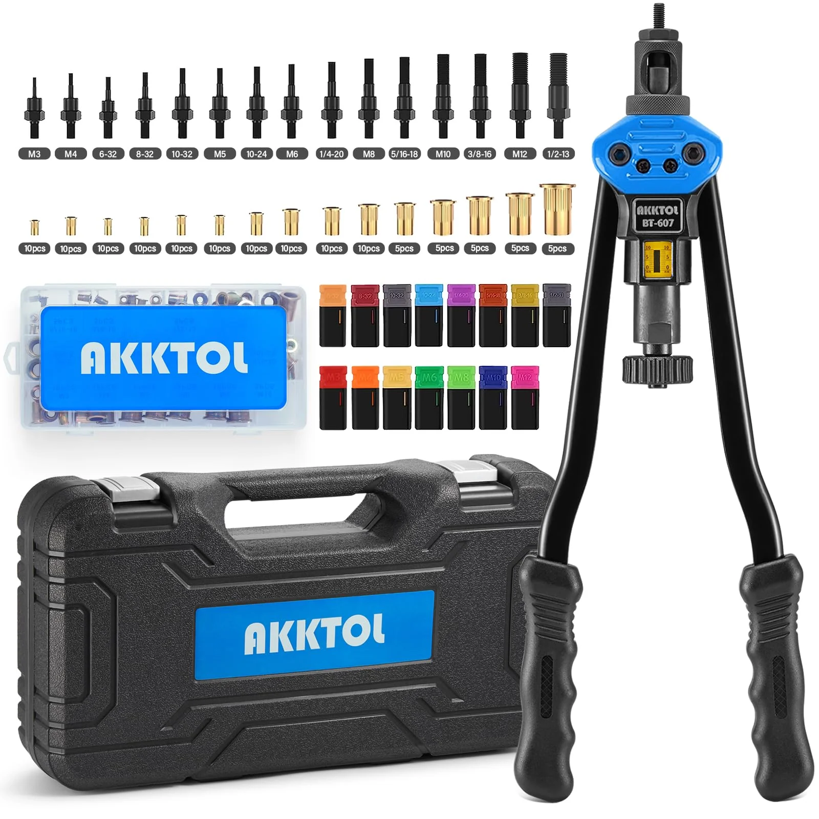 AKKTOL 16 Rivnut Tool Kit with 15 Metric and SAE Mandrels