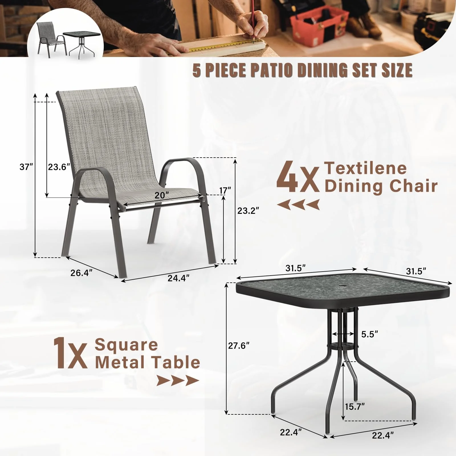 Amopatio Outdoor Dining Set of 5. Patio Table and Chairs Set