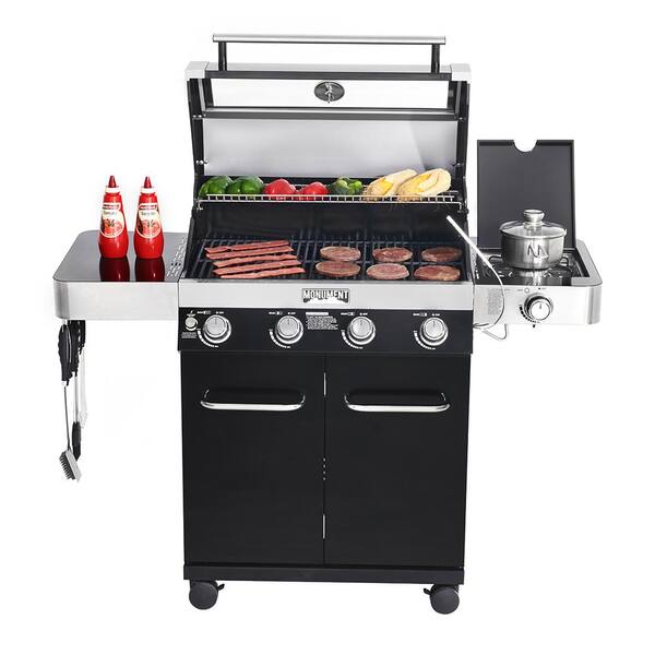 4-Burner Propane Gas Grill in Black with ClearView Lid. LED Controls. Side Burner and USB Light