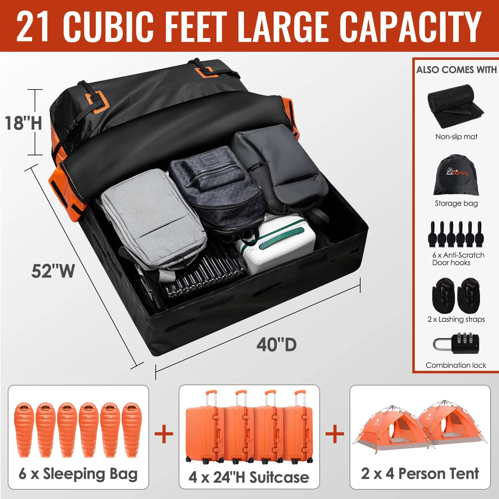 Asinking 21 Cubic Feet Waterproof Car Roof Bag