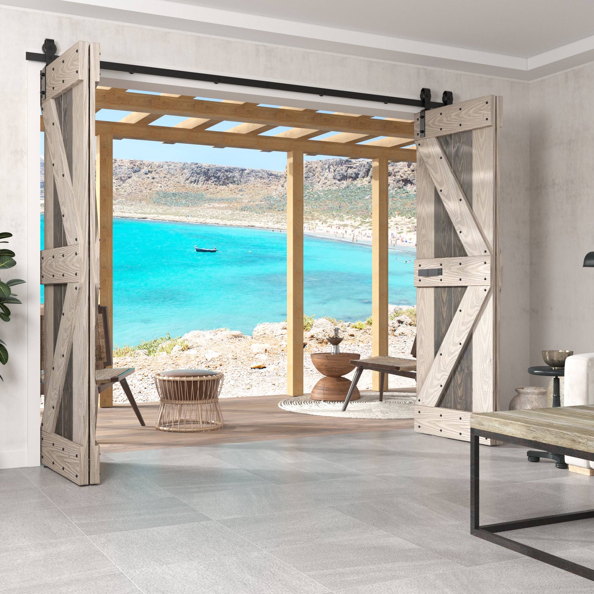 Coast Sequoia Embossing Bi-Fold Barn Door with Sliding Hardware Kit Coast Sequoia Finish: Dark Gray/Light Gray, Size: 60