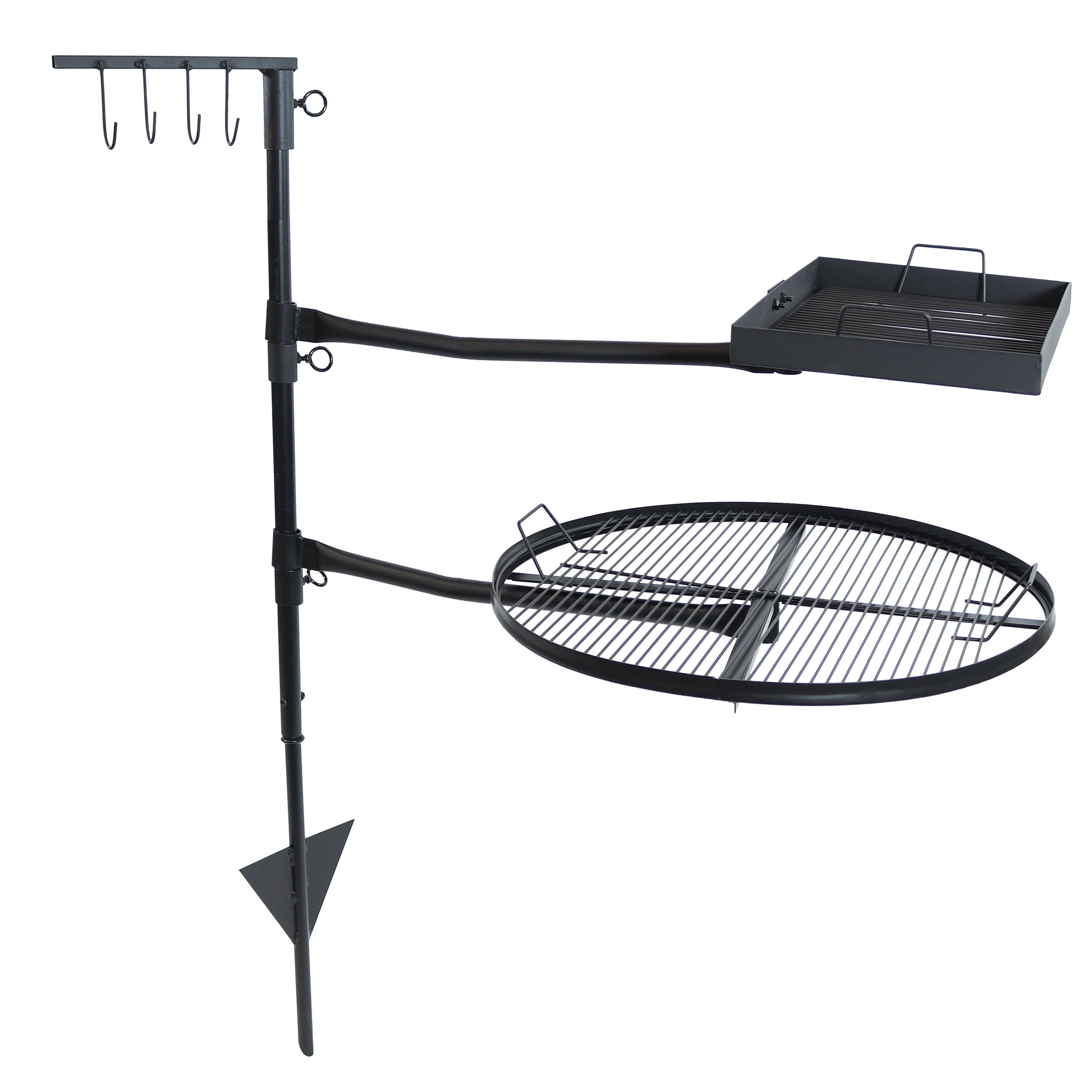 Outdoor Camping or Backyard Steel Adjustable Cooking Grilling Fire Pit BBQ Stake with 2 Swivel Swing Grates