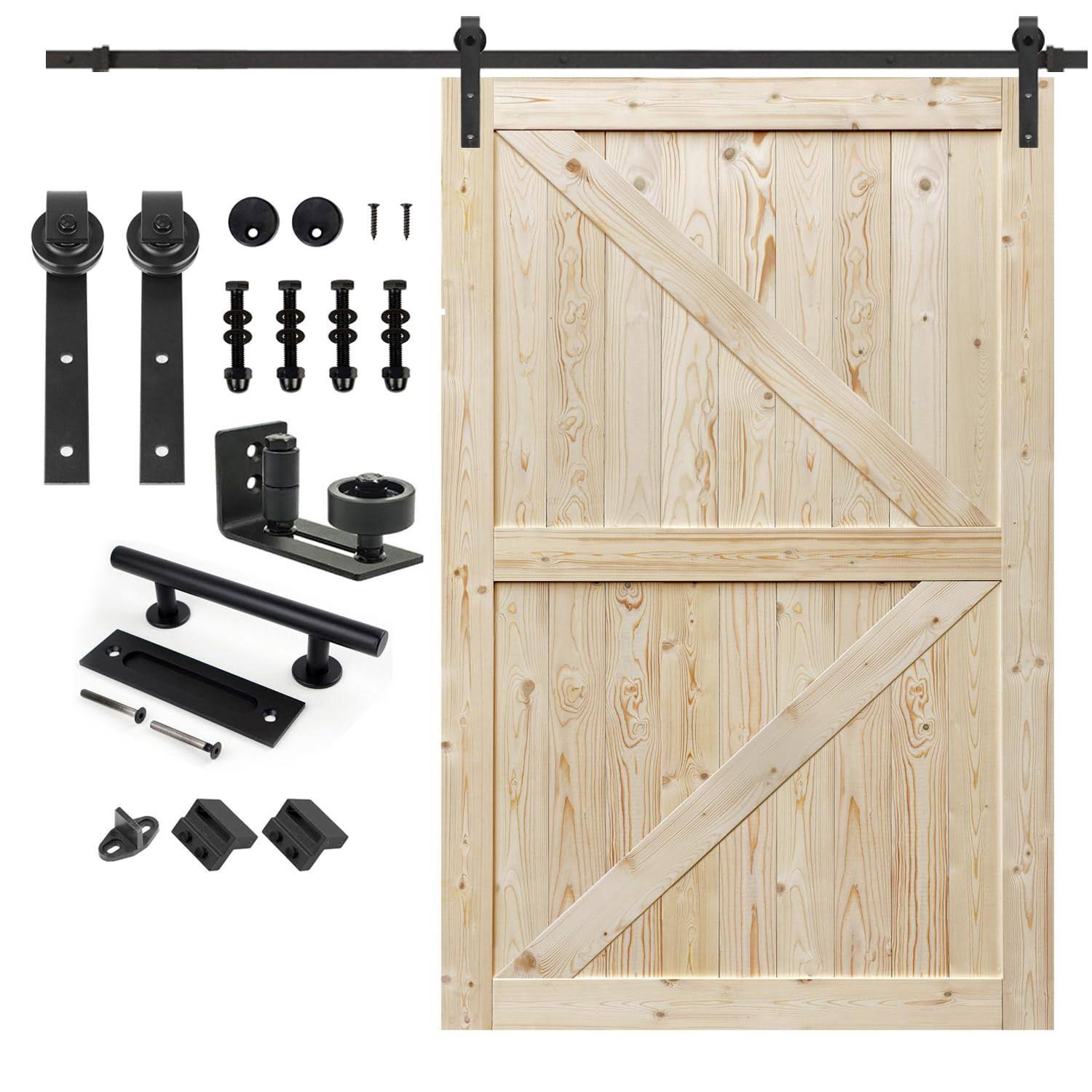 S&Z TOPHAND 52 in. x 84 in. Unfinished British Brace Knotty Barn Door with 10ft Sliding Door Hardware Kit/Solid Wood/Sliding Door/Double Surfaces
