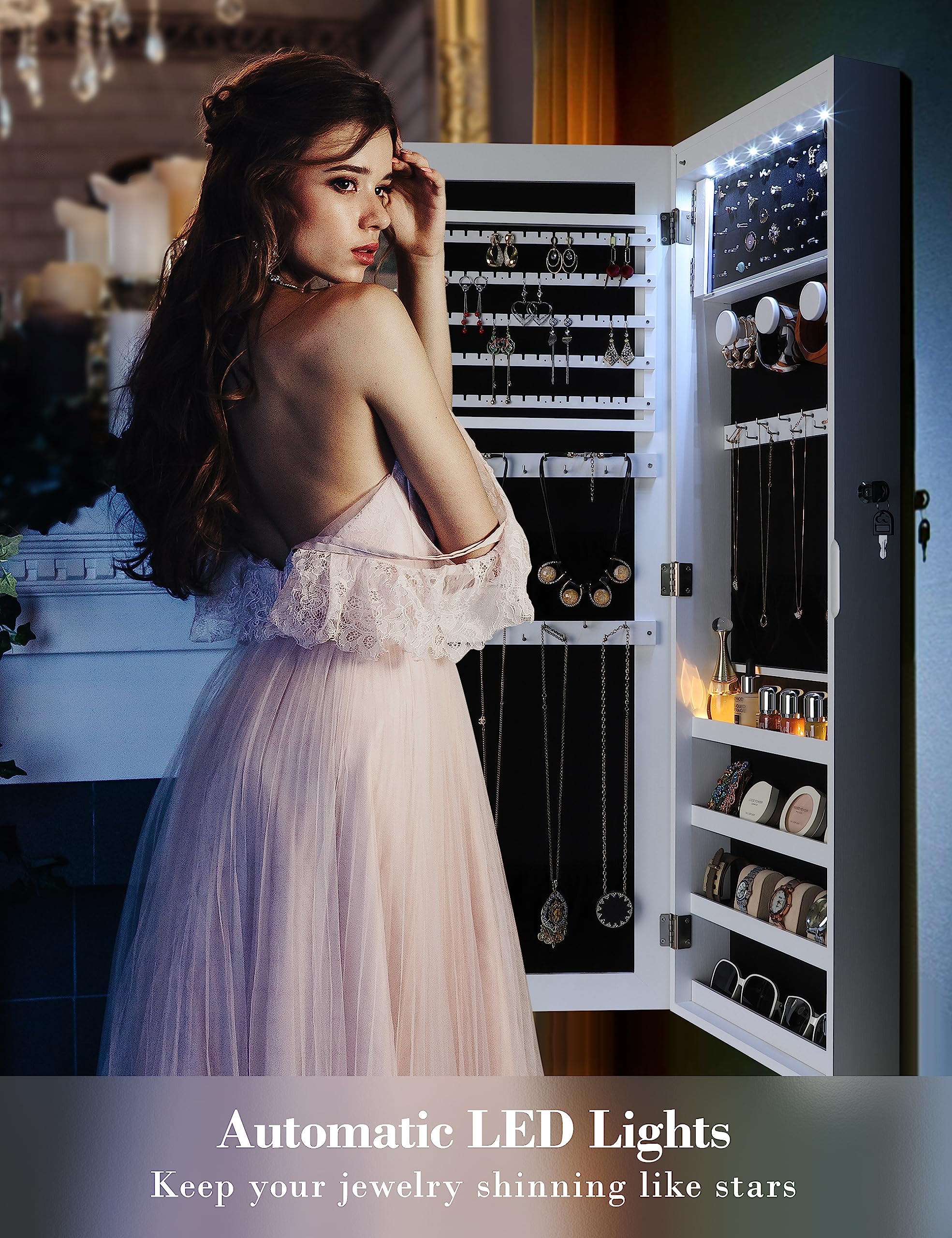 Nicetree 6 LEDs Large Capacity Mirror Jewelry Cabinet