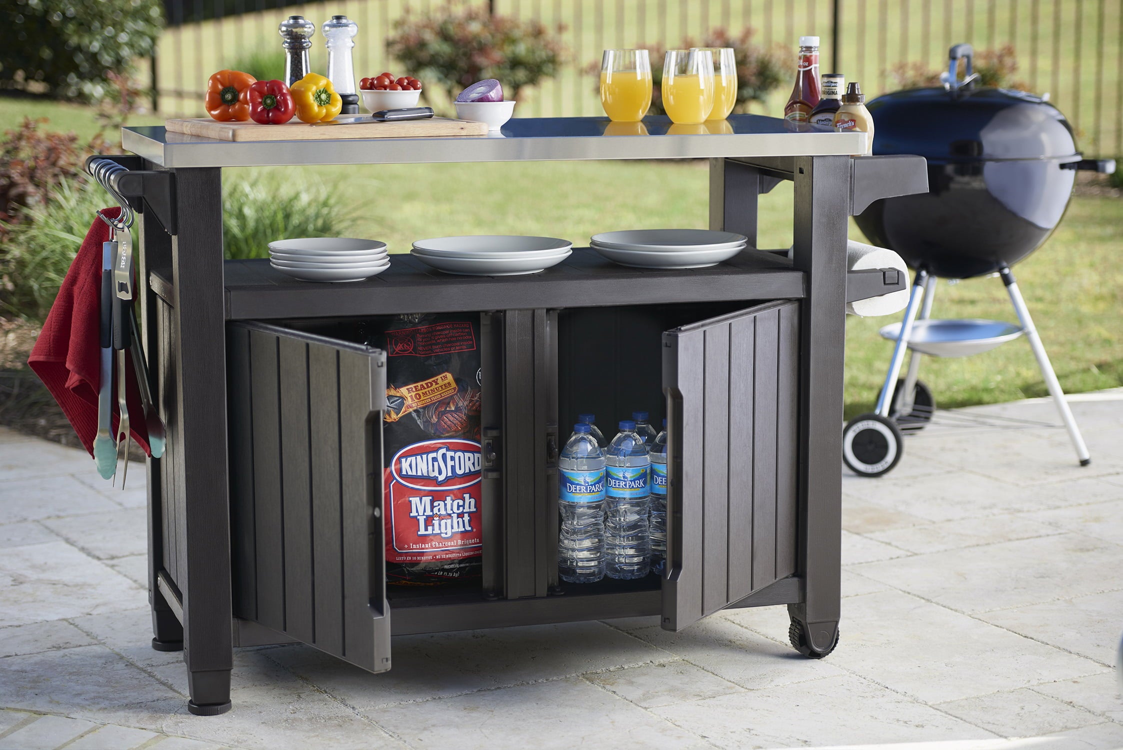Unity XL Portable Outdoor Table and Storage Cabinet with Accessory Hooks. Espresso Brown