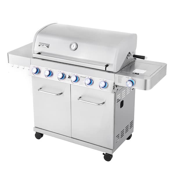 6-Burner Propane Gas Grill in Stainless with LED Controls. Side Burner and Rotisserie Kit