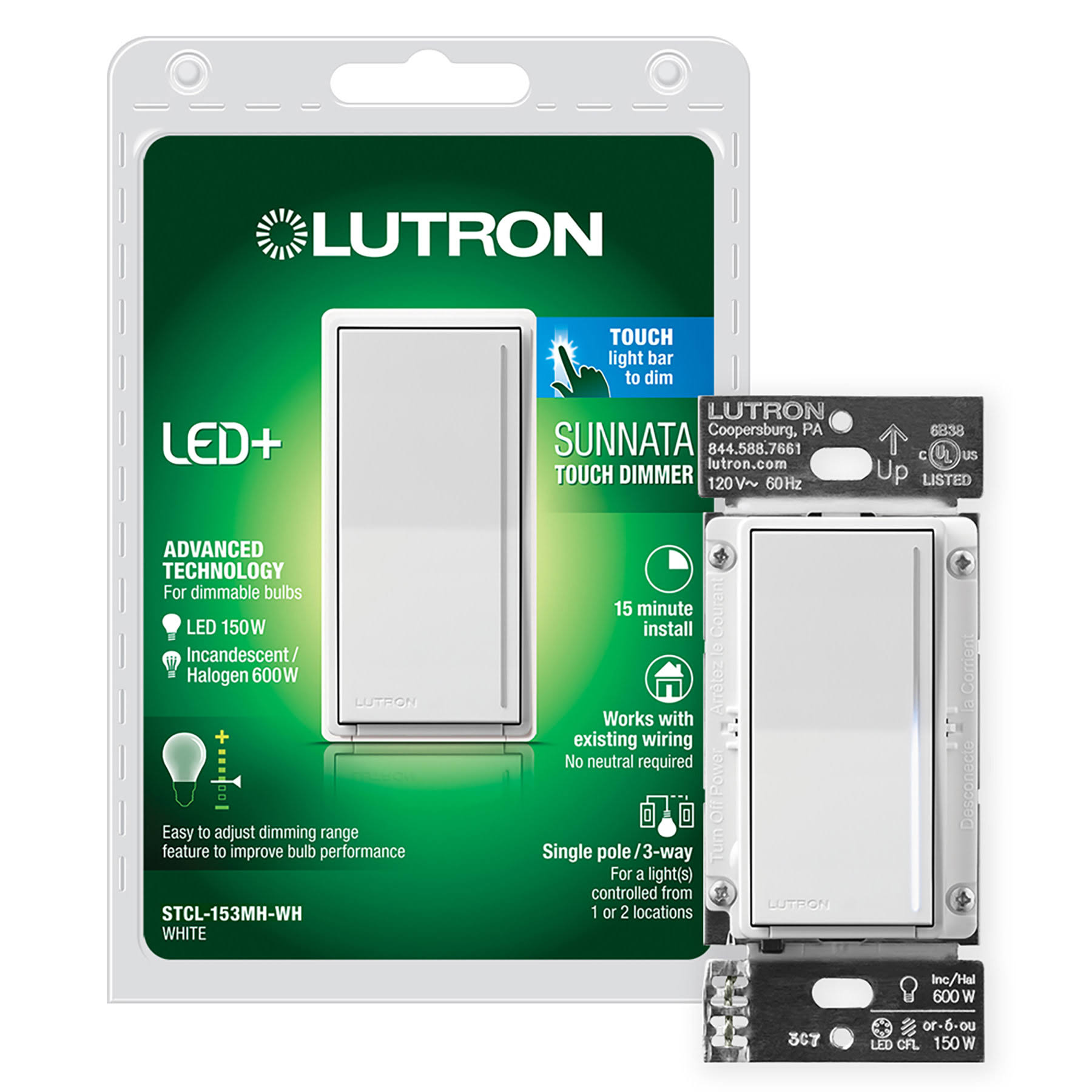 Lutron STCL-153MH-WH Sunnata Touch Dimmer LED+, White