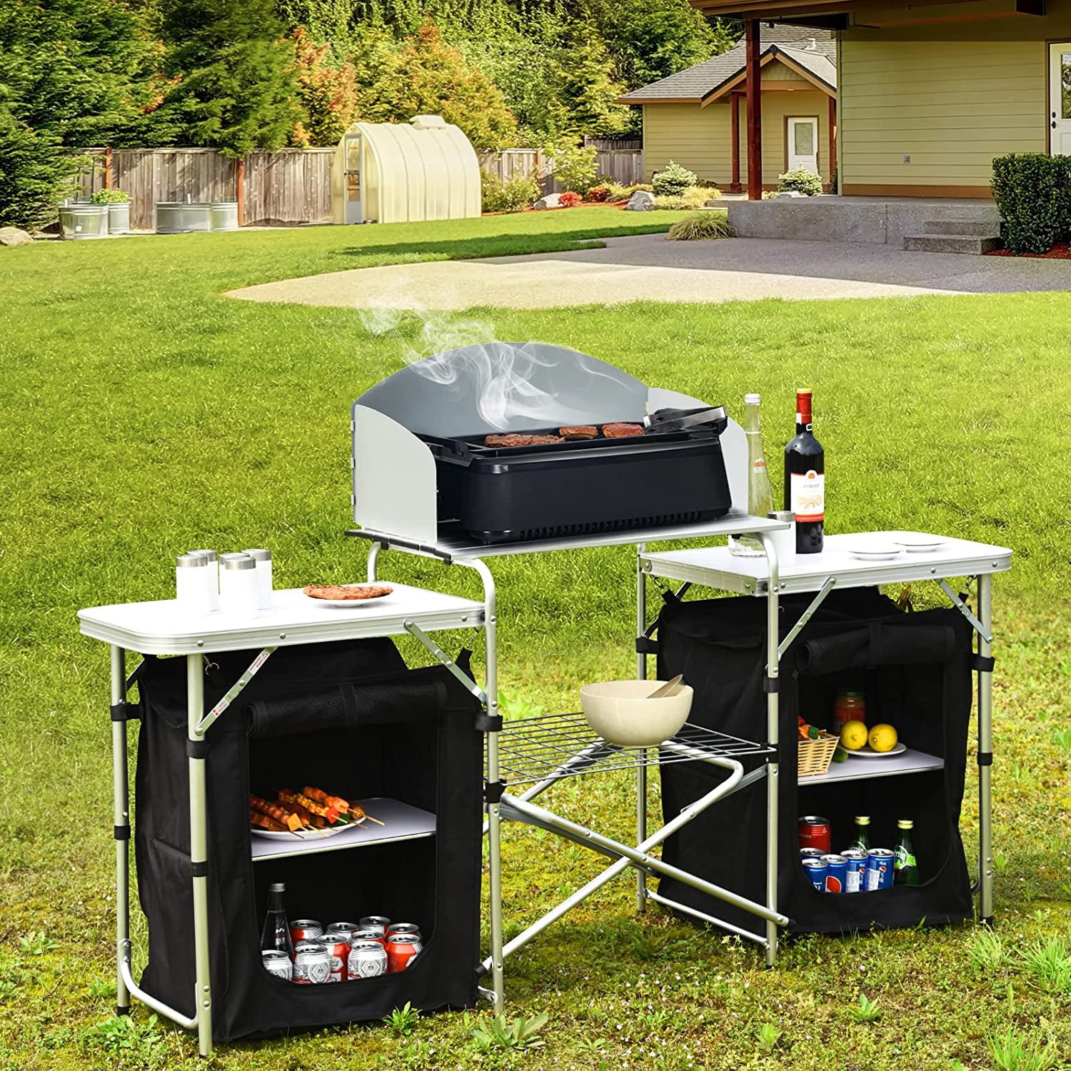 Camping Kitchen Table with Storage. Aluminum Portable Outdoor Cooking Table with Windscreen. Foldable Camp Table Cook Station for BBQ. Grill. Party. Picnics
